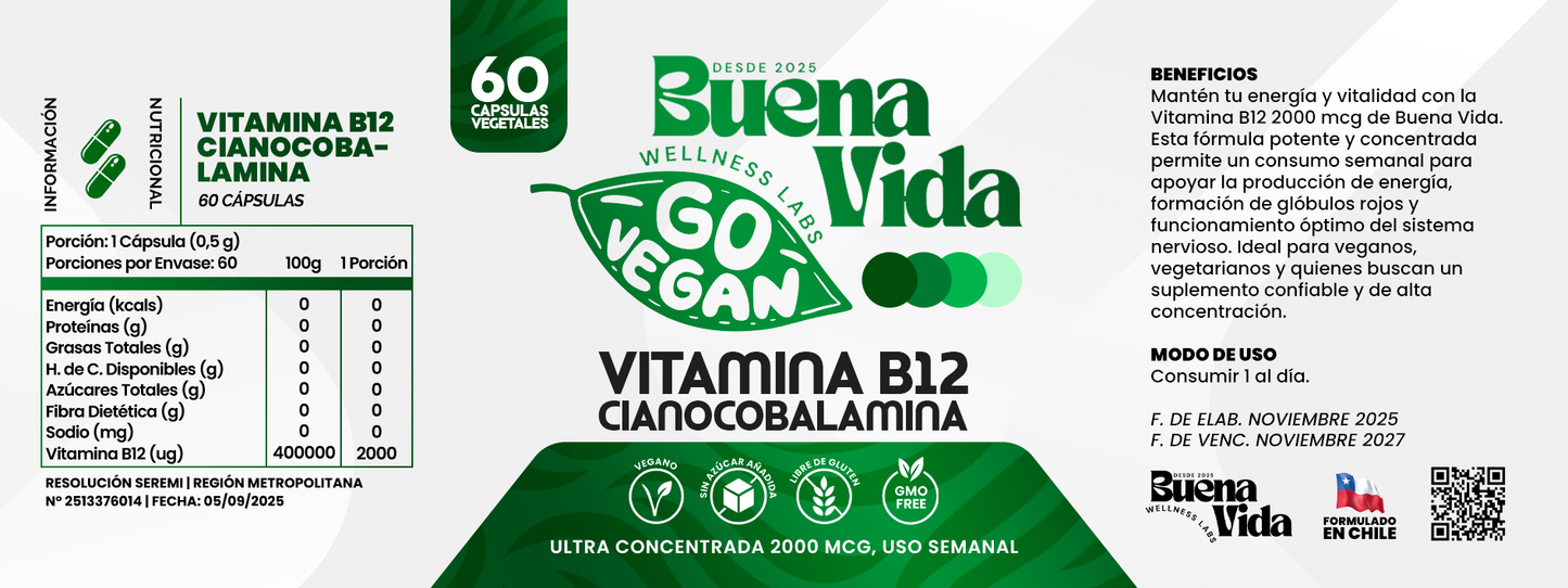 Vitamina B12 Cianocobalamina Go Vegan | Ultra Concentrada Uso Semanal