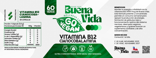 Vitamina B12 Cianocobalamina Go Vegan | Ultra Concentrada Uso Semanal